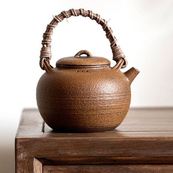 Cute Stoneware Teapot with Wicker Handle - Small Wheel-thrown